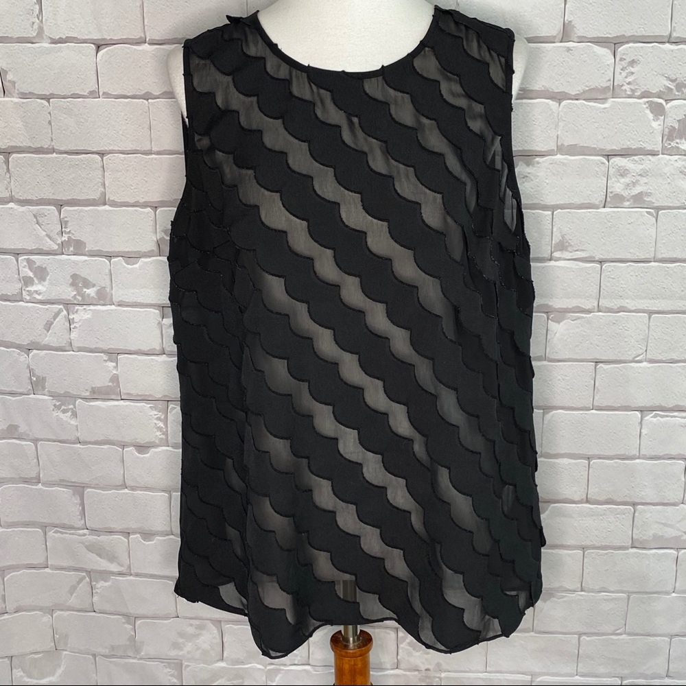 DKNY Black Scallop Chiffon Sheer Sleeveless Top